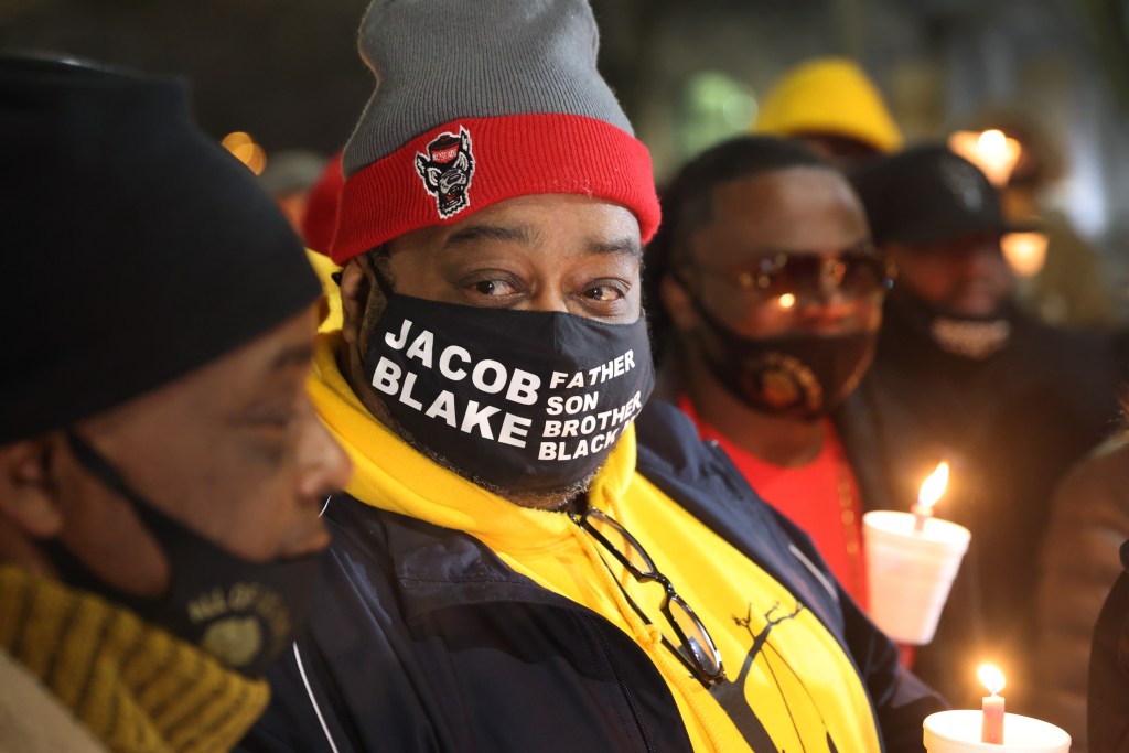 Jacob Blake Sr., the father of Jacob Blake Jr., attends a vigil near the Kenosha County Courthouse on January 04, 2021 in Kenosha, Wisconsin. Jacob Blake Jr., 29, was shot seven times in the back by a Kenosha police officer on August 23 last year and and