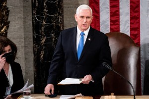 U.S. Vice President Mike Pence presides over a joint session of Congress to certify the 2020 Electoral College results on January 6, 2021 in Washington, DC.