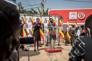 Bobi Wine speaks at a press conference