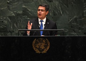 President of Honduras Juan Orlando Hernandez speaks at the 74th Session of the General Assembly at the United Nations