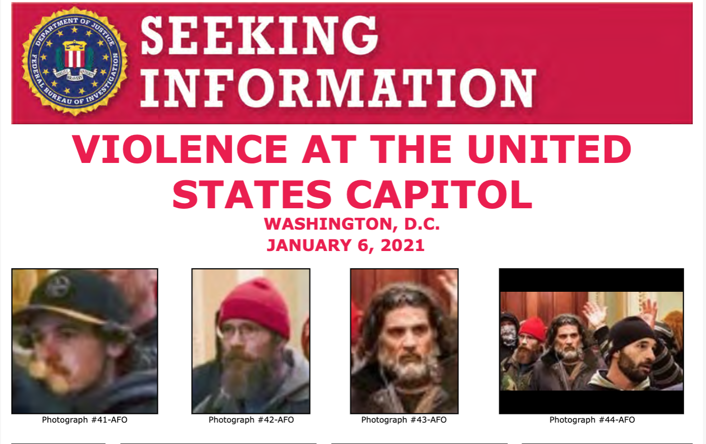 ScreA poster released by the FBI in the hopes identifying Capitol Hill rioters. Spazzo can be seen clearly in the third and fourth photograph. (Photo via FBI)