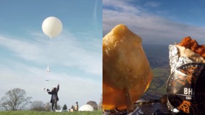 Niraj Bagher launching the samosa into space (left) and the samosa in space captured by an accompanying camera