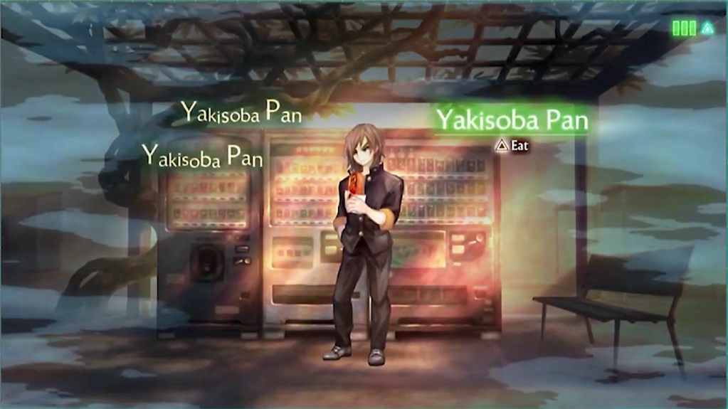 Screenshot from 13 Sentinels: Aegis Rim, a man wearing an all black school uniform stands in front of three vending machines holding a hot dog bun with noodles in it. The words "Yakisoba Pan"