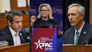 From left to right: republican Rep. Adam Kinzinger from Illinois (Chip Somodevilla/Getty Images/Bloomberg via Getty Images); Rep. Liz Cheney from Wyoming (Photo by Alex Wong/Getty Images); Republican Rep. John Katko from New York (Photo by KEVIN DIETSCH /