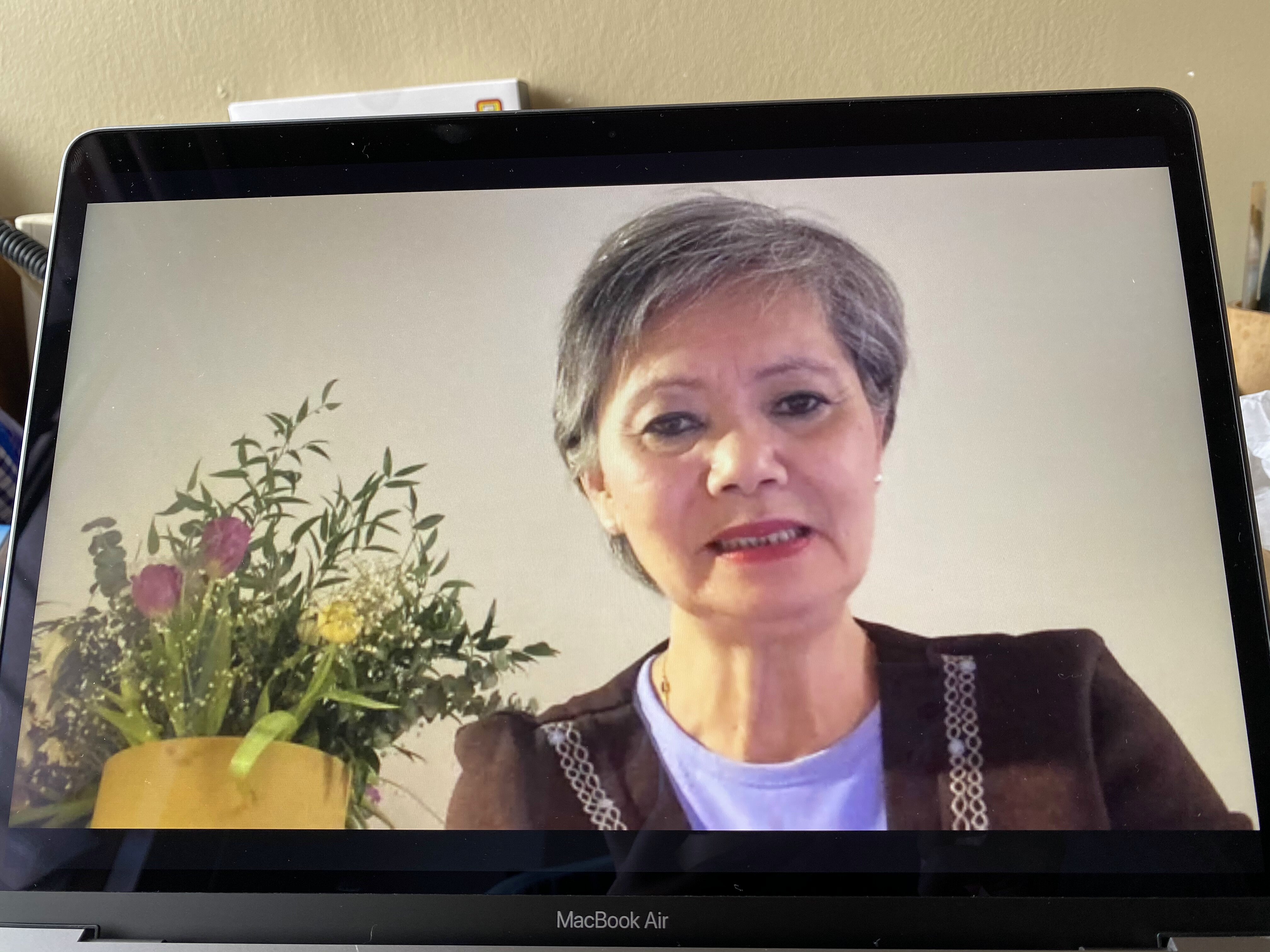 Exiled Cambodian opposition leader Mu Sochua during a virtual press conference. Photo: Heather Chen