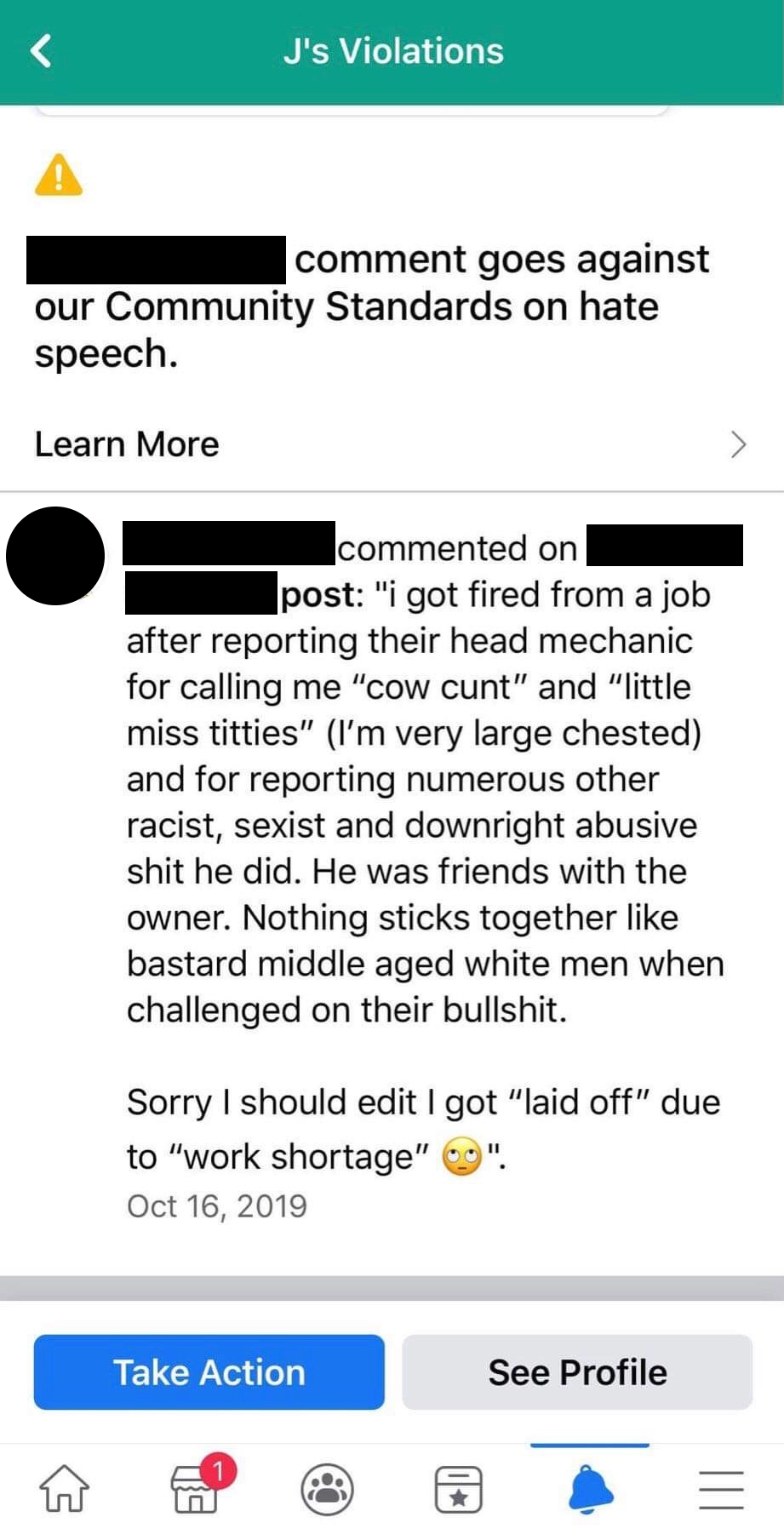 screenshot of a comment being removed for hate speech violation