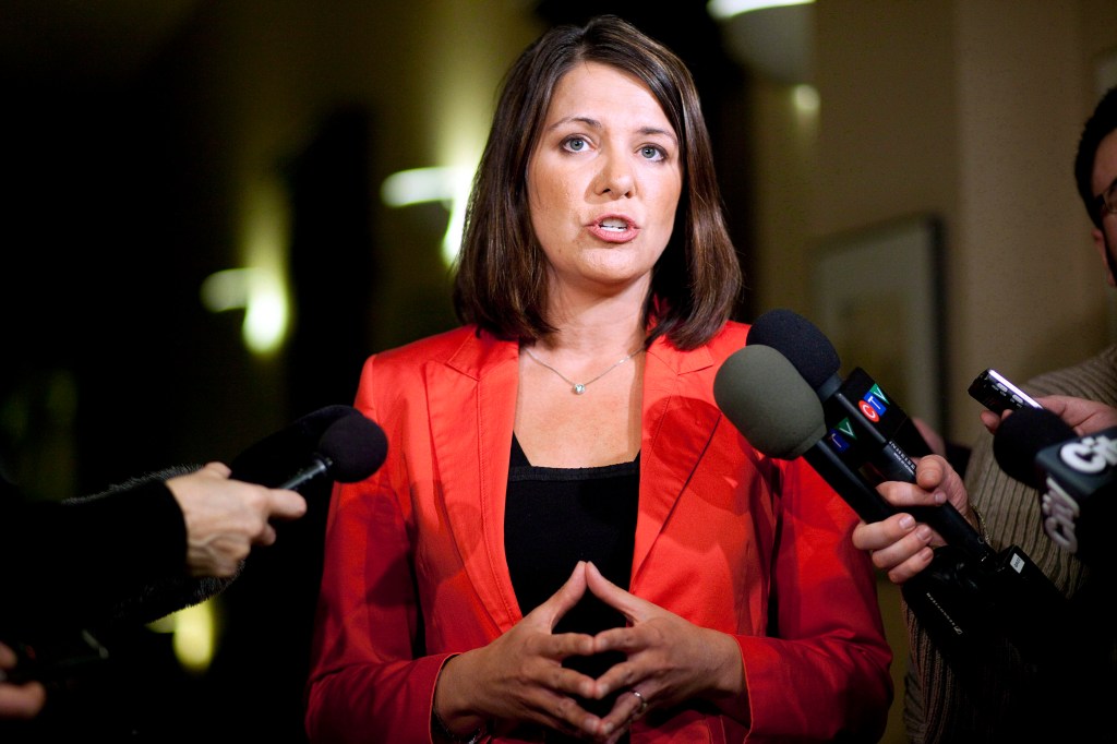 Danielle Smith, then Wildrose Party leader, speaks to reporters in file photo in Calgary, Alberta, Jan. 24, 2013.