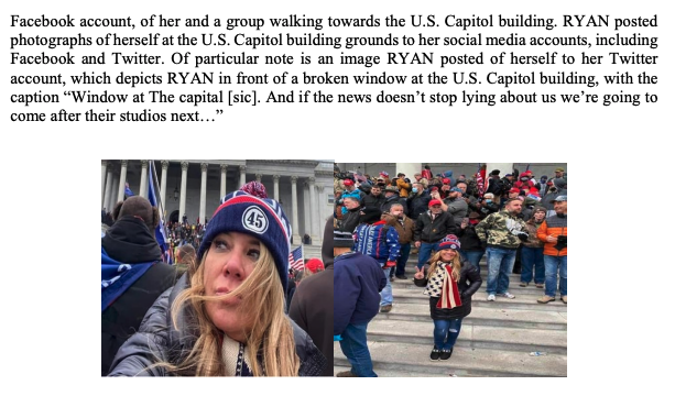 A screenshot of the criminal complaint against Jenna Ryan. Ryan posted these photos of herself at the Capitol, according to the complaint. (Statement of Facts/FBI)