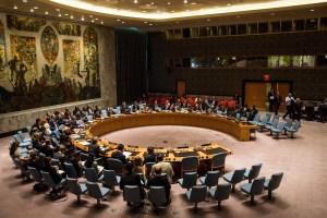 Members of the United Nations Security Councils sit at a semi-circular table at UN headquarters in New York