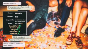 WhatsApp-Verlauf und eine Party im Hintergrund; Ich habe versucht auf eine illegale Lockdown-Party eingeladen zu werden