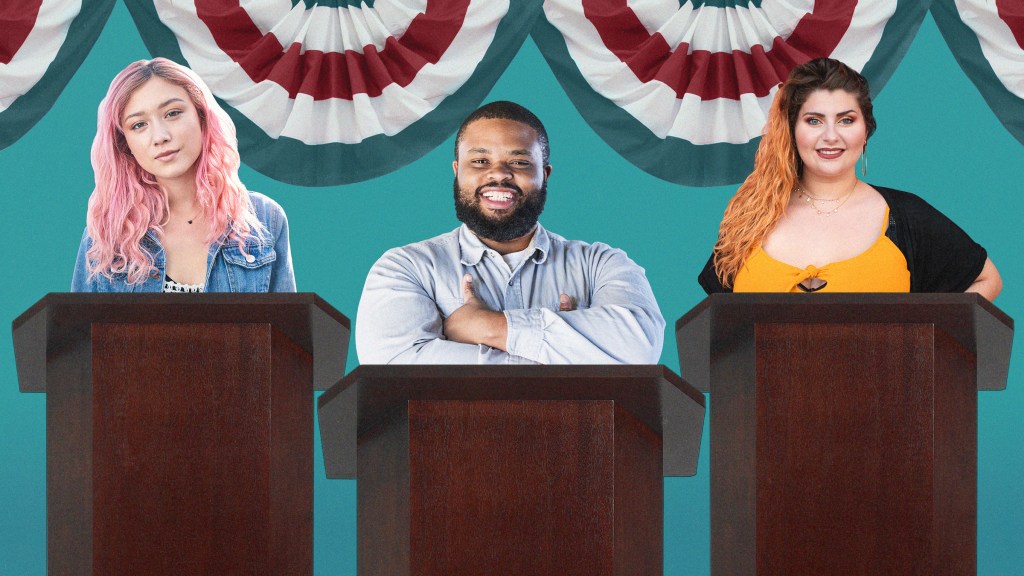 An Asian woman, a Black man, and a white woman stand behind podiums as if they a