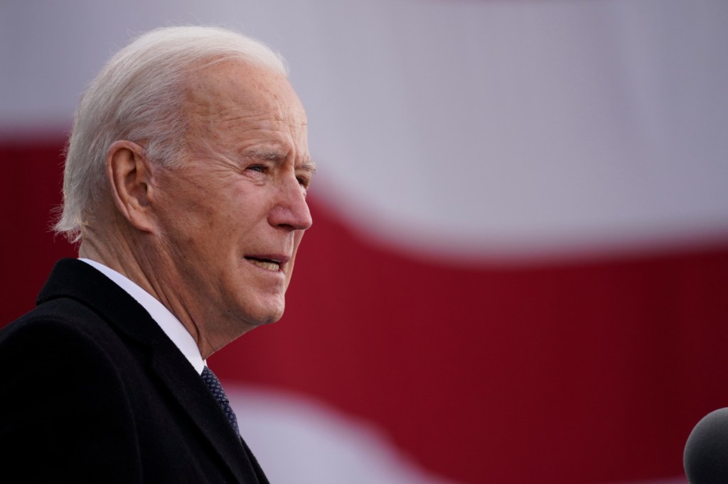 President-elect Joe Biden speaks at the Major Joseph R. "Beau" Biden III National Guard/Reserve Center, Tuesday, Jan. 19, 2021, in New Castle, Del. (AP Photo/Evan Vucci)