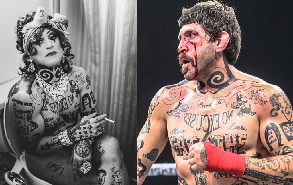 Left: Diego Garijo in drag, sitting and smoking. Right: Diego Garijo with his face bleeding.