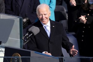 U.S. President Joe Biden reacts as he delivers his inaugural address on the West Front of the U.S. Capitol on January 20, 2021 in Washington, DC.