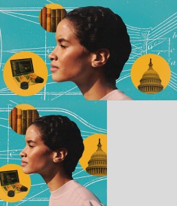 Young woman in profile surrounded by images of U.S. Capitol, books, and laptop