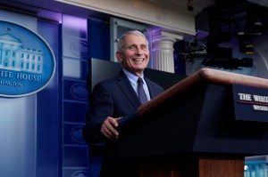 Dr. Anthony Fauci, director of the National Institute of Allergy and Infectious Diseases, laughs while speaking in the James Brady Press Briefing Room at the White House, Thursday, Jan. 21, 2021, in Washington.