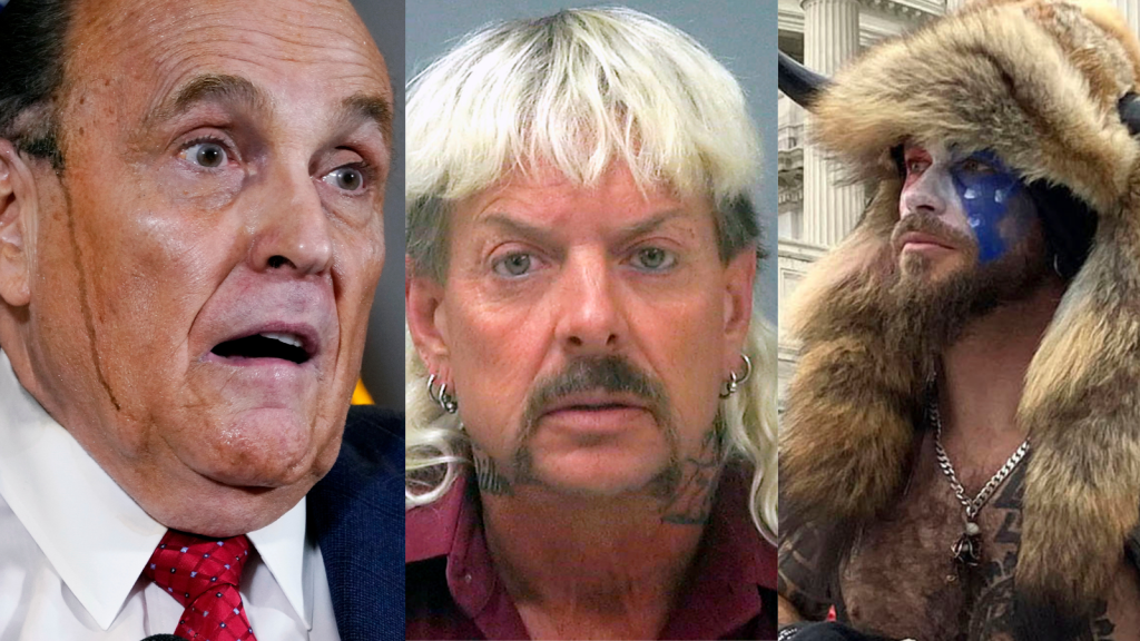 (from left); Rudy Giuliani, Joe Exotic, Jake Angeli