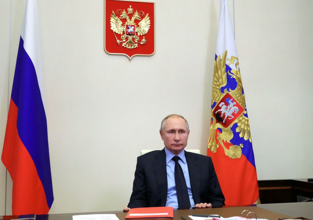 Vladimir Putin chairs a Security Council meeting via videoconference on Friday. Photo: Mikhail KLIMENTYEV / SPUTNIK / AFP