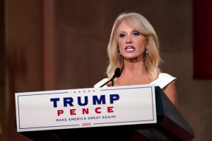 White House counselor Kellyanne Conway tapes her speech for the third day of the Republican National Convention from the Andrew W. Mellon Auditorium in Washington, Wednesday, Aug. 26, 2020. (AP Photo/Susan Walsh)