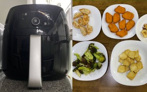 Een airfryer met broccoli, vissticks, dumplings enzo.