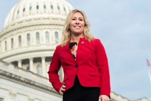 Rep. Marjorie Taylor Greene, R-Ga., is seen during a group photo with freshmen members of the House Republican Conference on the House steps of the Capitol on Monday, January 4, 2021.