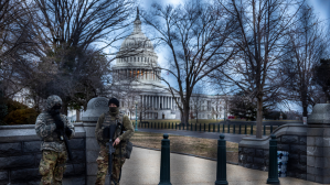 National Guard stand guard at the US Capitol on January 28, 2021 in Washington, DC. The Department of Homeland Security issued a bulletin on Wednesday warning of a continued threat from domestic violent extremists.