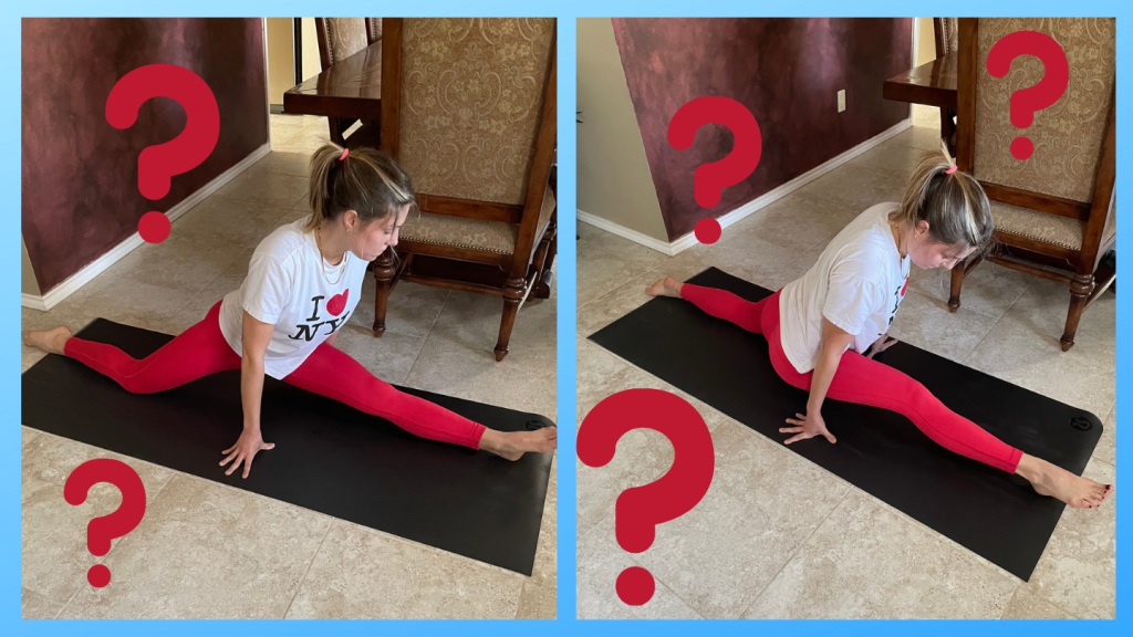 Two side-by-side photos of a woman trying to do the splits on each leg