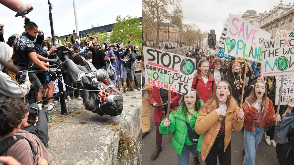 Protesters throw statue of Edward Colston into Bristol harbour during a Black Lives Matte​r protest last year (left), and young climate strikers in 2019