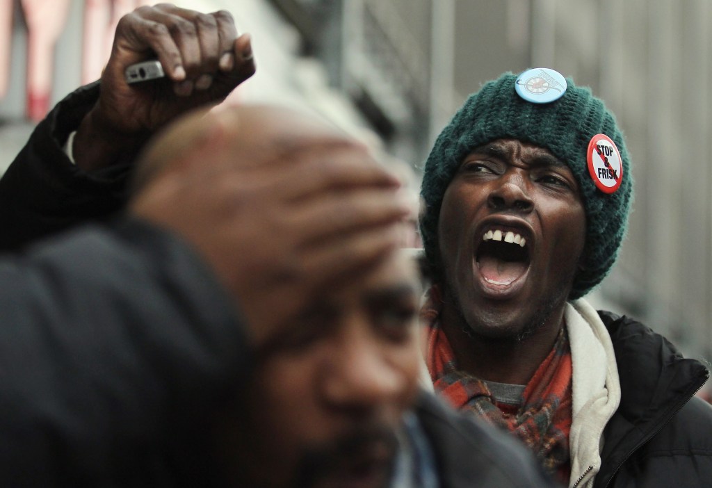 A man shouts during a protest against stop and frisk, one of many to have taken place in the last decade, in New York in January 2012. Photo: Mario Tama/Getty Images