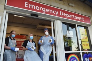 Medical staff pose with their donated rainbow coloured cupcakes at Southend University Hospital in May 2020