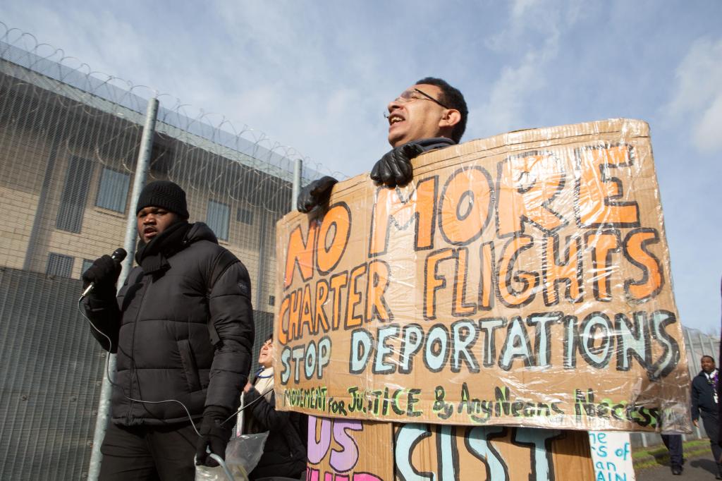 Campaigners demonstrating outside Colnbrook detention centre in support of several people facing deportation to Jamaica in February 2020 ​(Thabo Jaiyesimi / Alamy Stock Photo​)