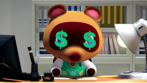 Screenshot of Animal Crossing, Tom Nook, a Tanuki wearing a green sweater vest, white shirt, and red tie, sits behind a desk, his eyes covered with dollar signs.