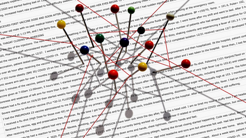 Data from VAERS is shown covered with pins and red string, to suggest the falsely drawn connections of conspiracy theories.