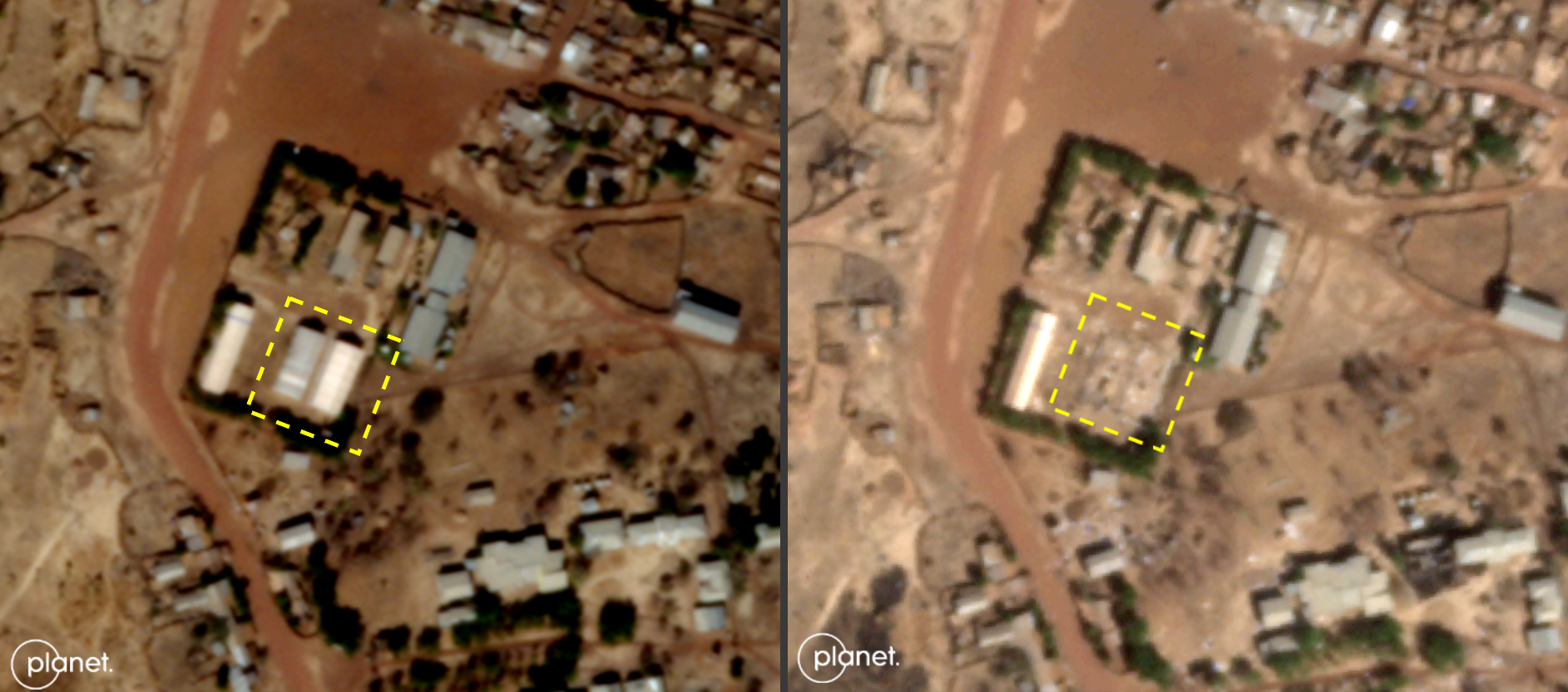 A satellite map showing destruction of WFP warehouses.