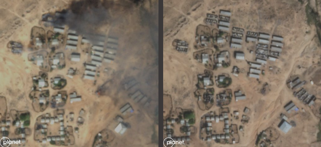 Images of Hitsats refugee camp full of smoke and fire.