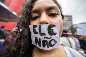 Demonstrators take part in a women protest against the then right-wing presidential candidate in Brazil, Jair Bolsonaro, in October 2018, who went on to be elected president.