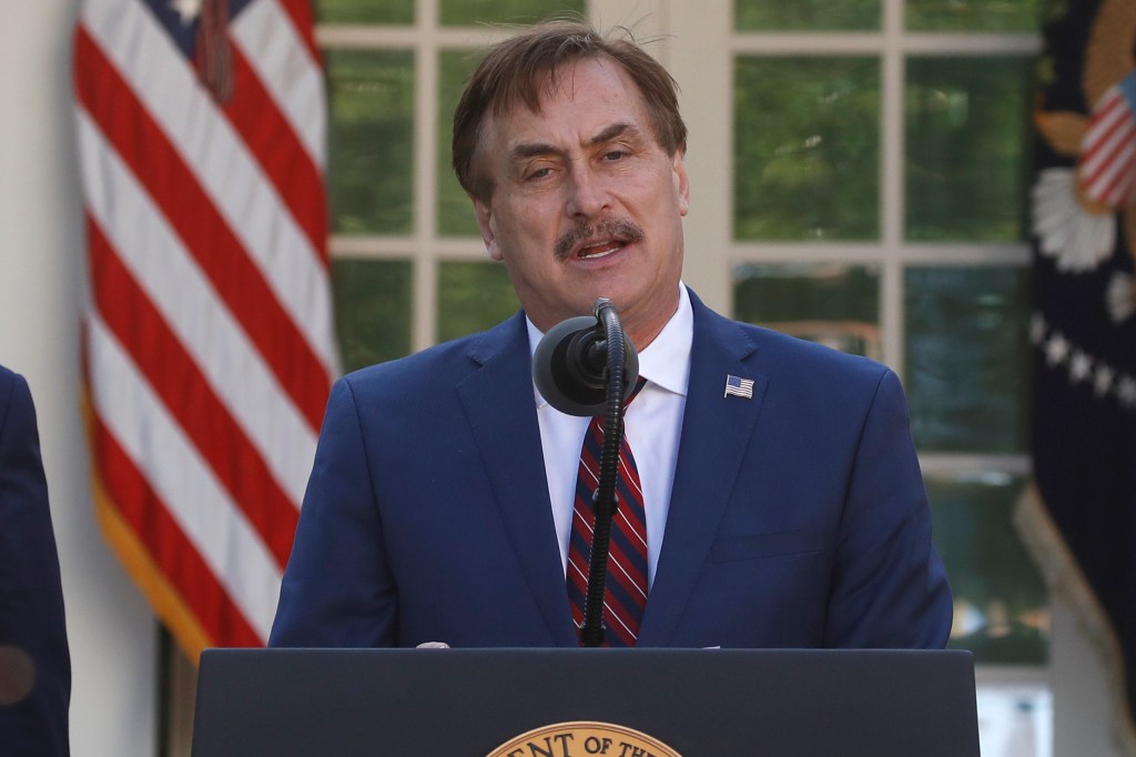 My Pillow CEO Mike Lindell speaks about the coronavirus in the Rose Garden of the White House, Monday, March 30, 2020, in Washington. (AP Photo/Alex Brandon)