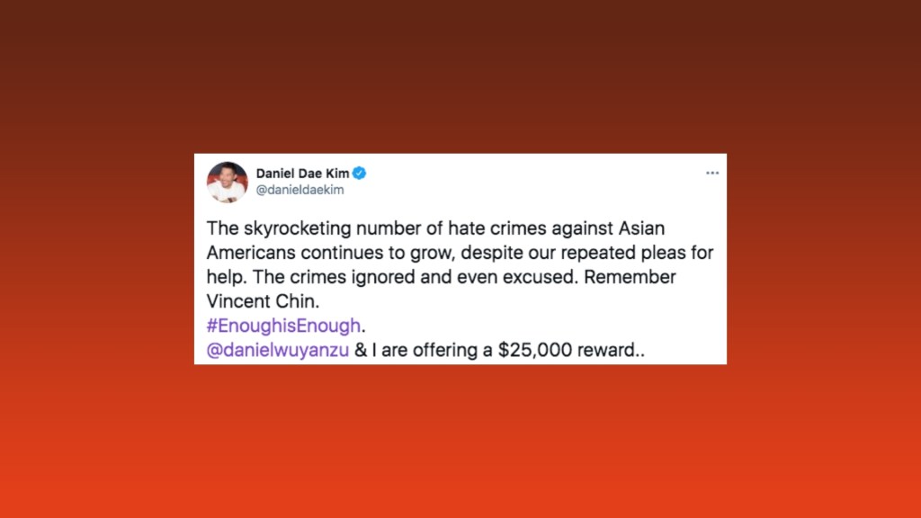 screenshot of a tweet from actor daniel dae kim about the rise in racist violence against asian americans during the covid-19 pandemic