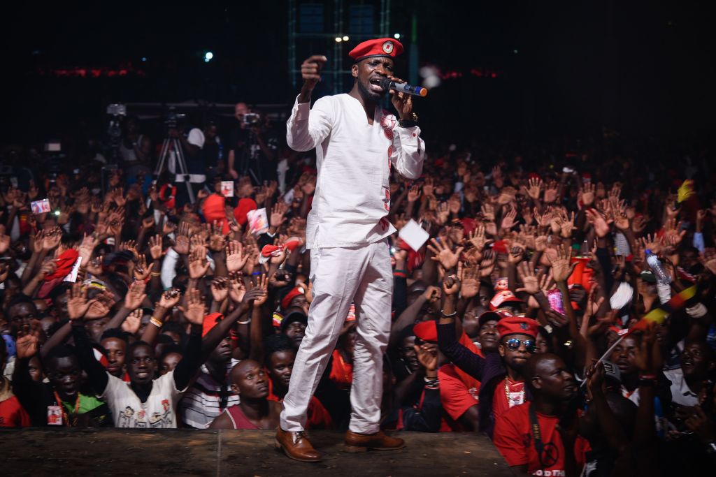 Bobi Wine sings on a stage in Busabala, suburb of Kampala, Uganda, on November 10, 2018.