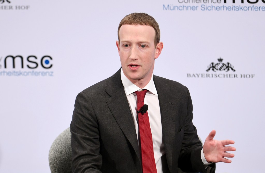 Mark Zuckerberg, Chairman of Facebook, speaks on the second day of the 56th Munich Security Conference, 15 February 2020, Bavaria, Munich (Tobias Hase/picture-alliance/dpa/AP Images​)