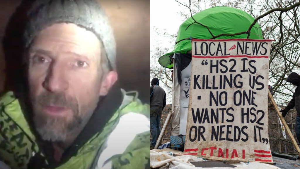 One of the protesters in the tunnel and a sign at the Euston Square Gardens protest