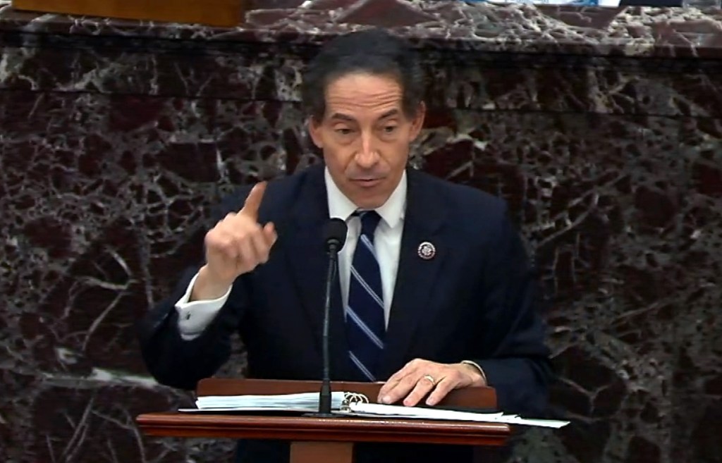 Lead House impeachment manager Rep. Jamie Raskin (D-MD) speaks on the fifth day of former President Donald Trump's second impeachment trial at the U.S. Capitol on February 13, 2021 in Washington, DC.