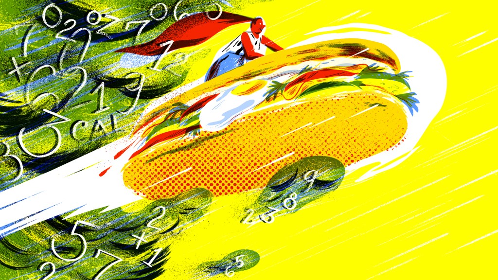 illustration of a person riding a sandwich rocket away from numbers