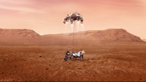 Concept art of the sky crane maneuver. Image: NASA/JPL-Caltech ​