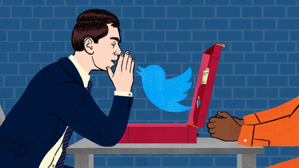 a lawyer whispering to a twitter bird while an incarcerated person sits across from him