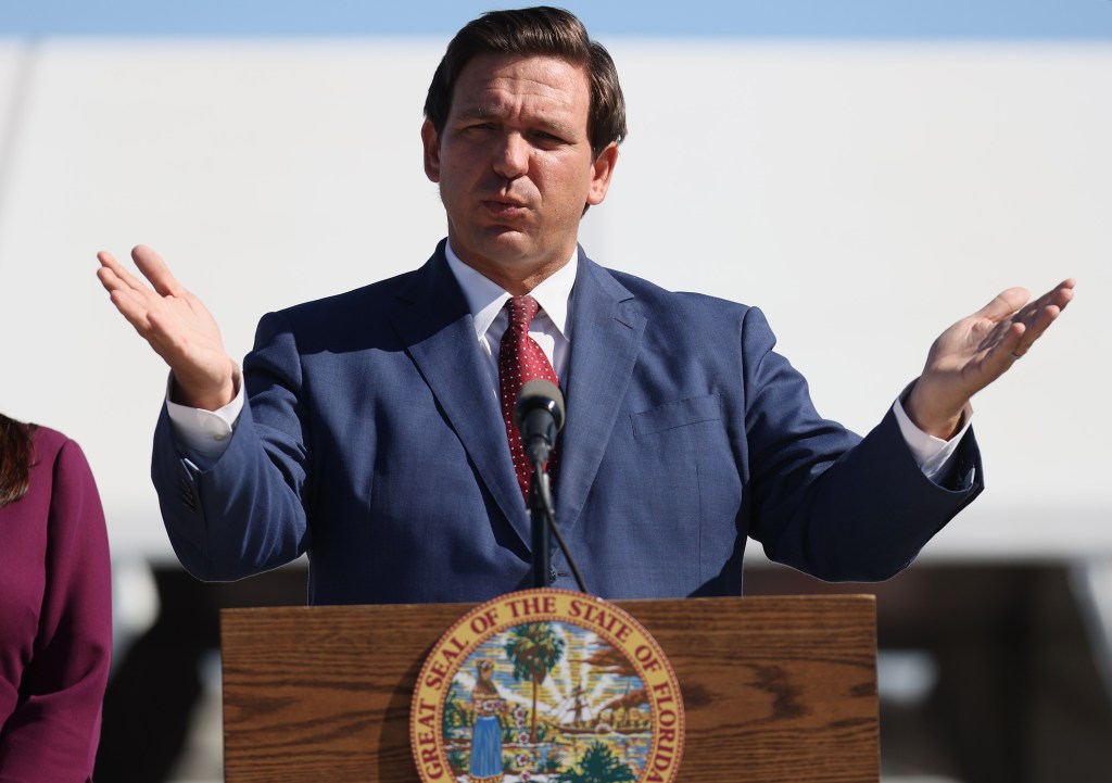 Florida Governor Ron DeSantis speaks during a press conference about the opening of a COVID-19 vaccination site at the Hard Rock Stadium on January 06, 2021 in Miami Gardens, Florida.