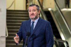 Senator Ted Cruz speaks to reporters during a break in the impeachment proceedings against former U.S. president Donald Trump at the U.S. Capitol in Washington, D.C., U.S., on Saturday, February 13, 2021. (Amanda Andrade-Rhoades/Sipa USA)(Sipa via AP Imag