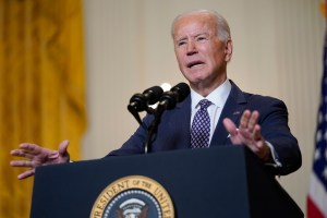 President Joe Biden speaks during a virtual event with the Munich Security Conference in the East Room of the White House, Friday, Feb. 19, 2021, in Washington. (AP Photo/Patrick Semansky)