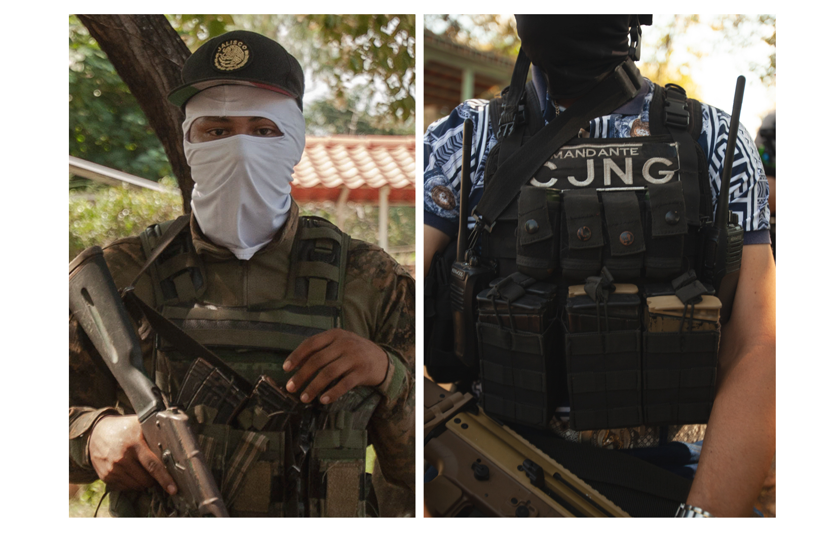 Left: A gunman from the Jalisco New Generation Cartel (CJNG) at a cemetery near El Aguaje, Michoacán. Right: A CJNG commander near El Aguaje. Photos by Miguel Fernández-Flores.