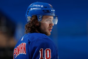 Artemi Panarin of the New York Rangers looks on during warmups prior to the game against the Pittsburgh Penguins at Madison Square Garden on January 30, 2021 in New York City.